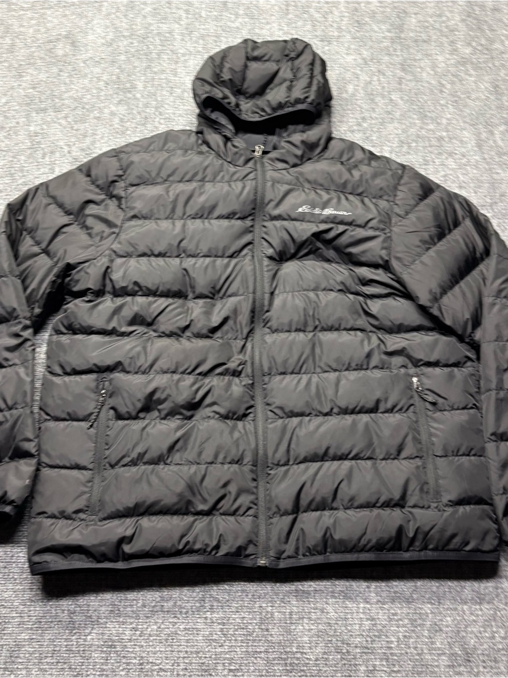 Eddie Bauer EB650 Down Puffer Jacket Mens XL Black Hooded Zip Coat Outdoor